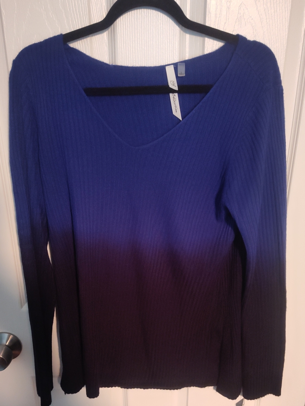 NY Collection Blue to Purple Ombre Ribbed V-Neck Long Sleeve Top